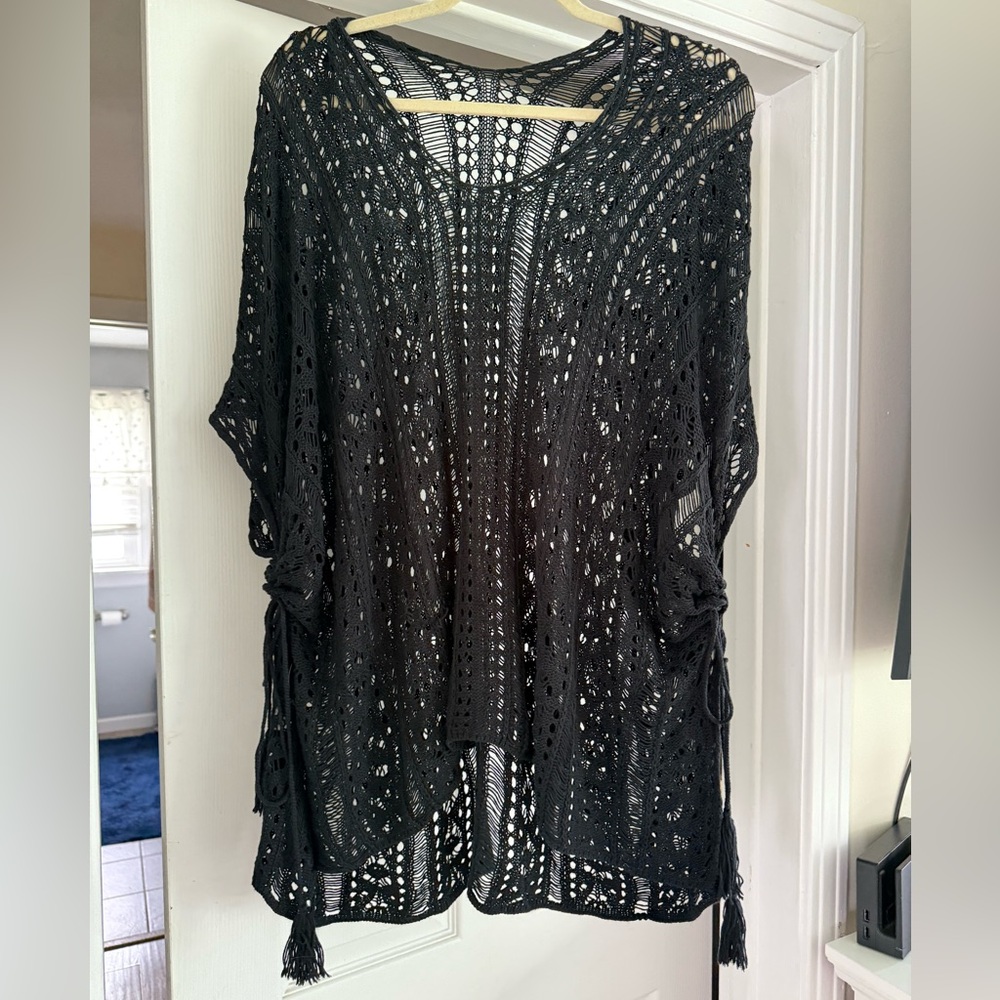 Black Crochet Knit Poncho